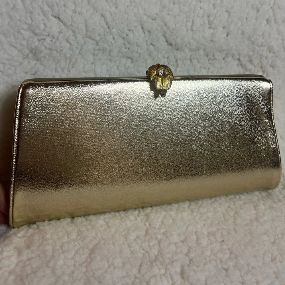 Vintage Convertible Gold Clutch Purse Rhinestone Leaf Closure Chain Handle‎